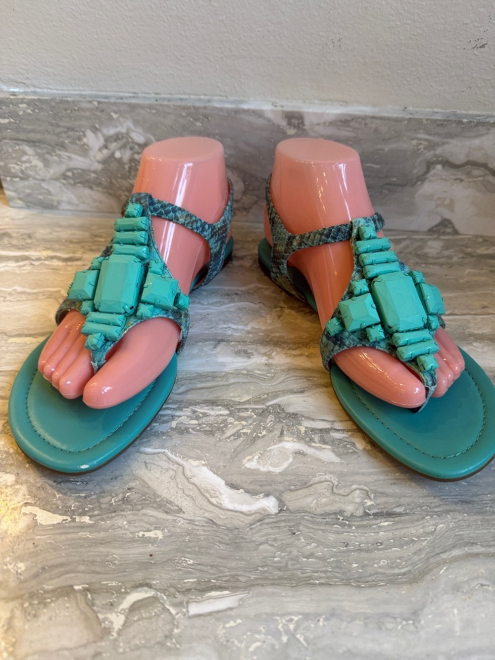 Joan & David Turquoise Jeweled T-Strap Sandals